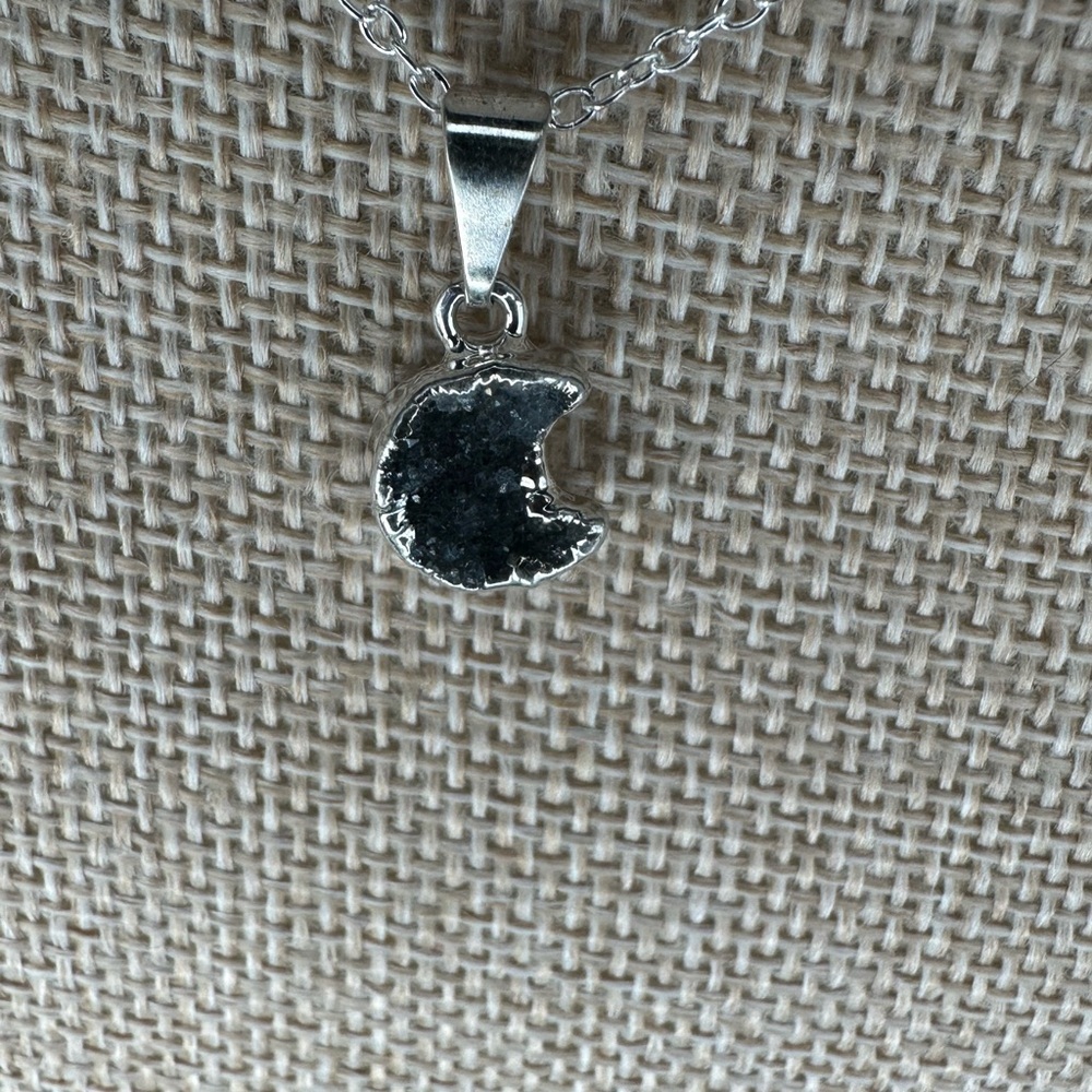 Black/Dark Purple Druzy Amethyst Crescent Moon Pendant on Chain - Picture 8 of 13
